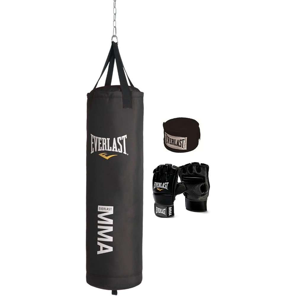 image:imageEverlast Leather Heavy 70 Pound Punching Bag with Chain and Swivel Assembly 5 Ounce MMA Kickboxing Gloves and 180Inch Boxing Hand Wrap Black