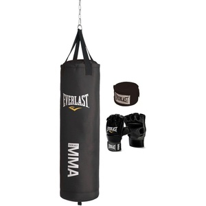 Everlast Leather Heavy 70 Pound Punching Bag with Chain and Swivel Assembly, 5 Ounce MMA Kickboxing Gloves and 180-Inch Boxing Hand Wrap, Black